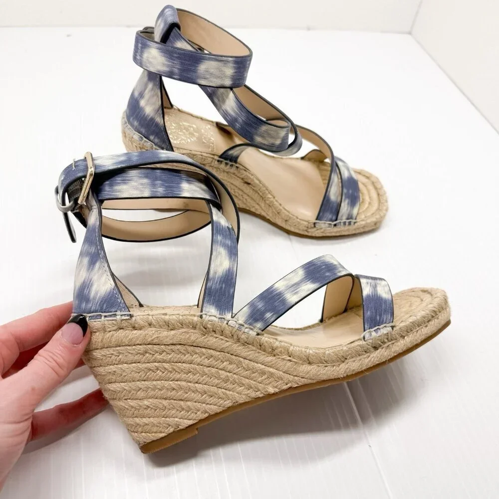 Vince Camuto Espadrille Wedge Sandals Blue Watercolor Leather Ankle Strap 6